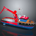 Colorful Model Boat With Red Crane Blue Hull Wooden Deck Small Flag And Cabin