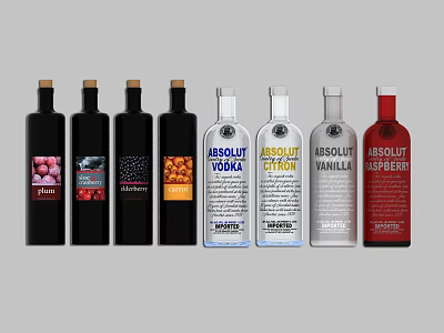 Assorted Absolut Vodka Bottles And Glasses With Various Flavors Arranged Neatly 3d model