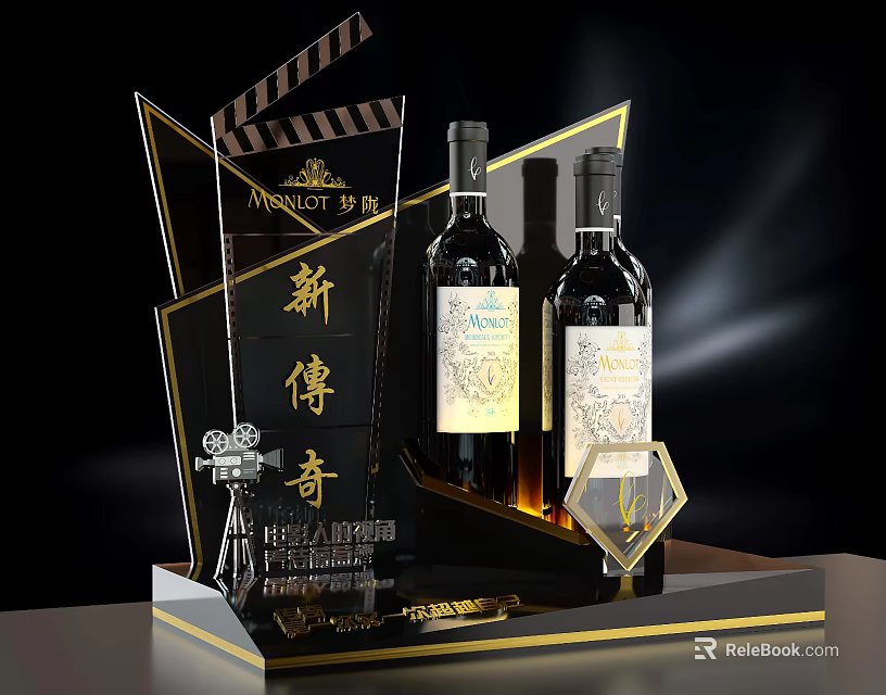 Elegant Wine Bottles And Glasses Display With Trophy On Black Background 3d model 