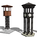 Different Types Of Roadside Facilities Including Clock Towers Street Lamps And Watchtowers
