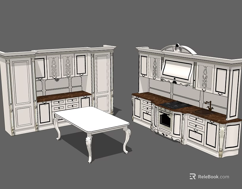 Traditional White Kitchen Cabinets With Wooden Countertop And Table 3d model 