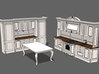 Traditional White Kitchen Cabinets With Wooden Countertop And Table 3d model