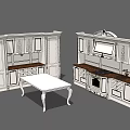 Traditional White Kitchen Cabinets With Wooden Countertop And Table