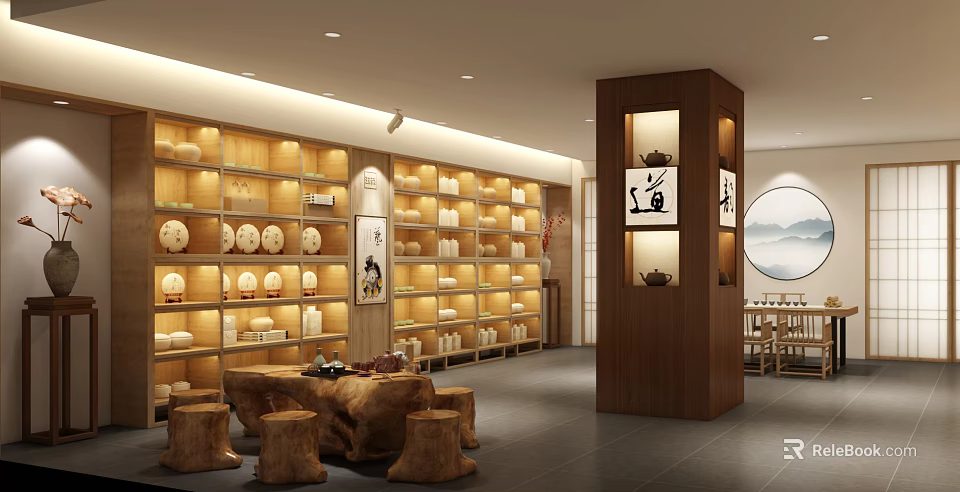 Chinese Style Tea Specialty Store with Solid Wood Shelves Wooden Tables and Decor 3d model 