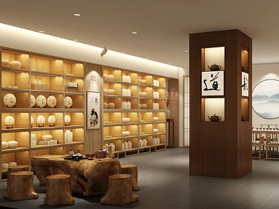 Chinese Style Tea Specialty Store with Solid Wood Shelves Wooden Tables and Decor 3d model