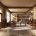 Cozy Café Interior With Wooden Counter Hanging Lights And Patterned Tile Flooring