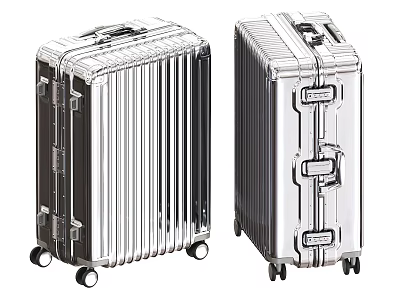 Two Aluminum Metal Suitcases Featuring Striped Design Latches And Rolling Wheels 3d model