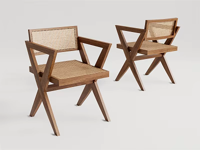 Two Modern Leisure Chairs With Wooden Frame And Woven Back Seat Cross Leg Design 3d model