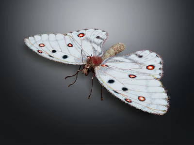 White Butterfly With Black Spots And Red Dots On Dark Background 3d model