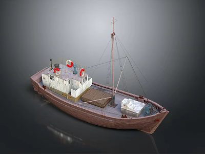 Small Cargo Ship With Brown Hull White Superstructure Red Lifebuoys And Deck Cargo 3d model