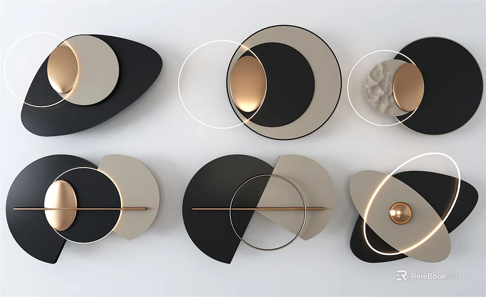 Modern Geometric Wall Decor With Metal Accents Black White Gold Circular Shapes 3d model 