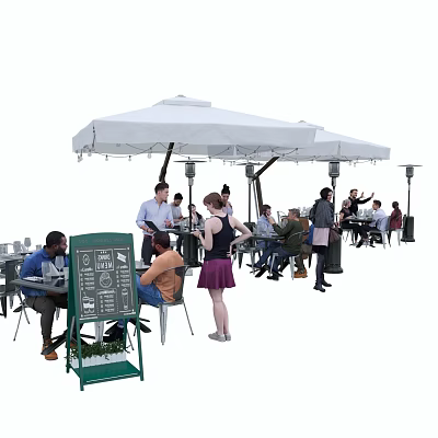Outdoor Casual Lounge Area With White Umbrellas Tables Chairs And Socializing People 3d model