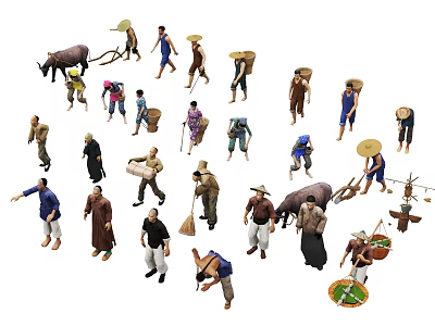 Traditional Rural Characters And Cattle In Various Working Poses And Costumes 3d model