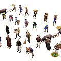 Traditional Rural Characters And Cattle In Various Working Poses And Costumes
