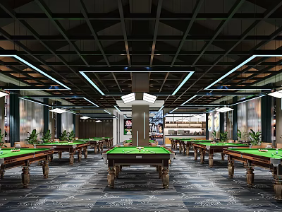 Spacious Modern Billiard Room Interior With Multiple Green Felt Tables And Ceiling Lighting 3d model