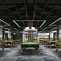 Spacious Modern Billiard Room Interior With Multiple Green Felt Tables And Ceiling Lighting 3d model