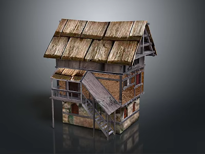 Traditional Two Story Cottage With Thatched Roof Wooden Balcony And Staircase 3d model