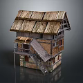 Traditional Two Story Cottage With Thatched Roof Wooden Balcony And Staircase
