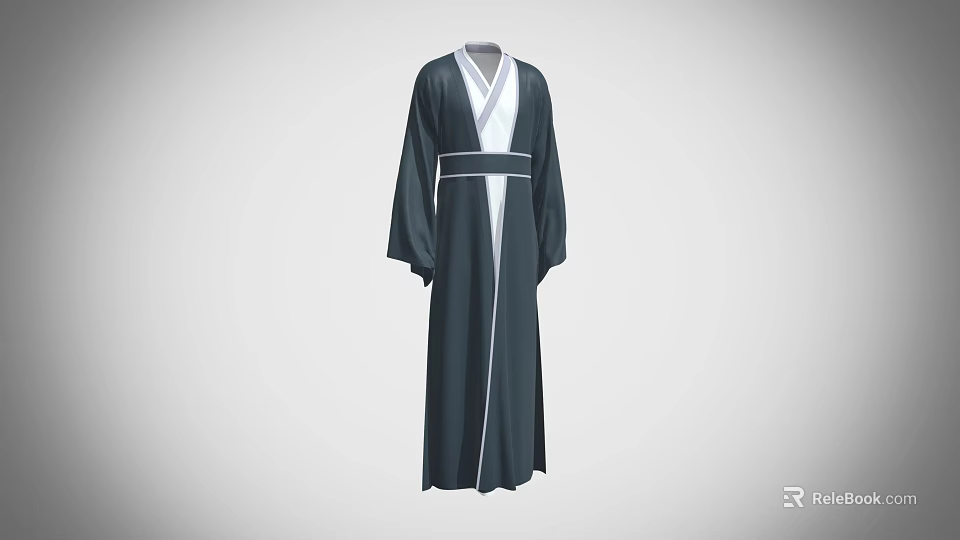 Traditional Long Robe With Dark Exterior White Lining Wide Sleeves And Sash Belt 3d model 