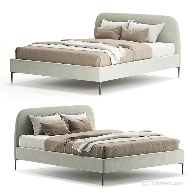 Modern Double Bed Design With Upholstered Headboard Metal Legs And Beige Brown Bedding Pillowcases 3d model 