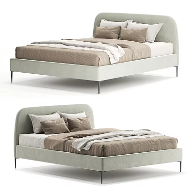 Modern Double Bed Design With Upholstered Headboard Metal Legs And Beige Brown Bedding Pillowcases 3d model
