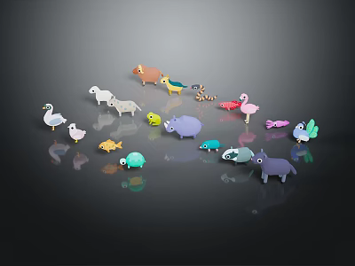 Colorful Animal Toys Arranged With Various Types On Black Background With Reflections 3d model
