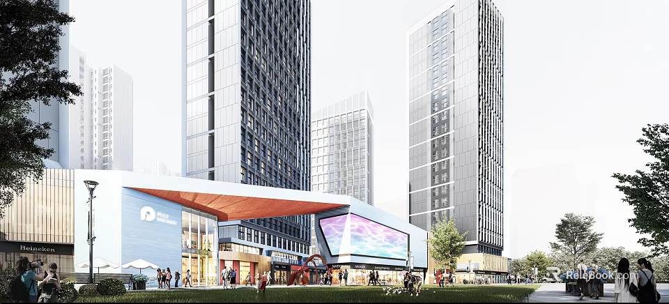Modern High Rise Commercial Complex With Entrance Plaza Large Digital Screen And Pedestrians 3d model 