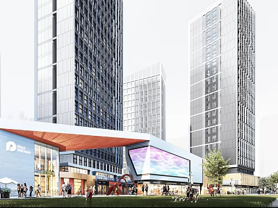 Modern High Rise Commercial Complex With Entrance Plaza Large Digital Screen And Pedestrians 3d model