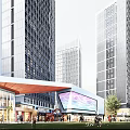 Modern High Rise Commercial Complex With Entrance Plaza Large Digital Screen And Pedestrians