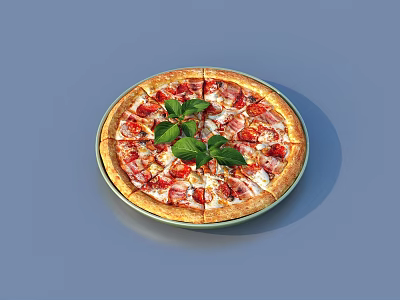 Freshly Baked Pizza With Basil Tomato And Cheese Toppings On Plate 3d model