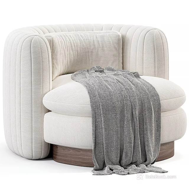 Stylish Cream Single Sofa with Vertical Stitching Plush Pillow and Cozy Throw Blanket Wooden Base 3d model 