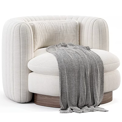 Stylish Cream Single Sofa with Vertical Stitching Plush Pillow and Cozy Throw Blanket Wooden Base 3d model