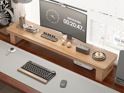 Wooden Functional Desk With Monitor Keyboard Mouse And Office Supplies Setup 3d model
