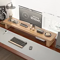 Wooden Functional Desk With Monitor Keyboard Mouse And Office Supplies Setup