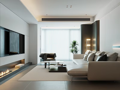 Modern Living Room Interior Design With Light Sofa TV Fireplace Green Plant And Floor Lamp 3d model