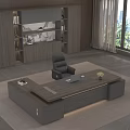 Modern Wooden Executive Office Desk Featuring Laptop Mouse Small Flower Vase And Black Leather Chair