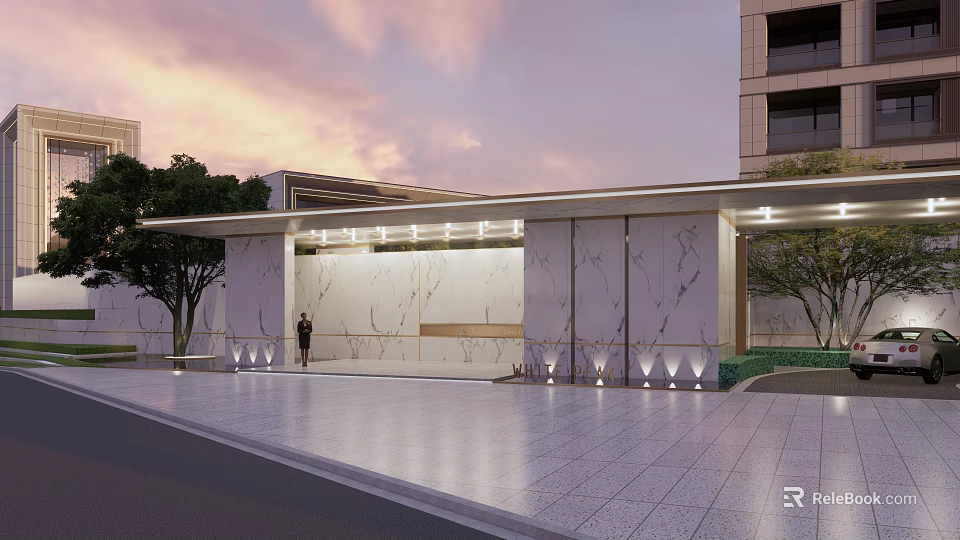 Modern Garden Landscape Design With Marble Wall Lighting And Trees At Entrance Plaza 3d model 