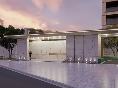 Modern Garden Landscape Design With Marble Wall Lighting And Trees At Entrance Plaza 3d model