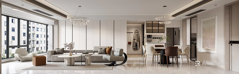 Modern Living Dining Room Interior With Sofa Dining Table And Pendant Lights 3d model