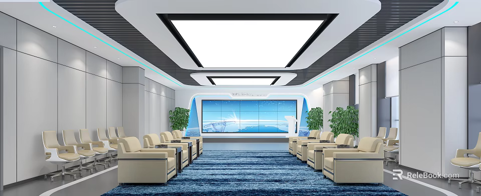 Modern Hotel Public Lounge Area With Large Screen Green Plants And Comfortable Sofas 3d model