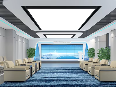 Modern Hotel Public Lounge Area With Large Screen Green Plants And Comfortable Sofas 3d model