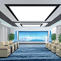 Modern Hotel Public Lounge Area With Large Screen Green Plants And Comfortable Sofas 3d model