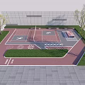 Outdoor Recreational Fitness Path With Exercise Figures Trees Green Lawn And Red Track
