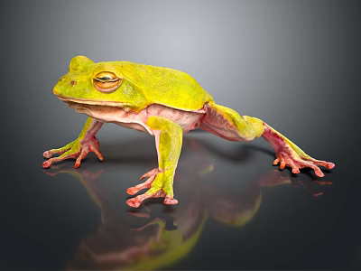 Vibrant Green And Yellow Frog Sitting On Reflective Black Surface With Pink Limbs 3d model