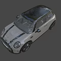 Light Gray Mini Cooper Car Featuring Black Stripes Black Roof Round Headlights And Black Wheels