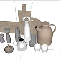 Modern Kitchen Utensils With Stainless Steel Containers Wooden Cutting Boards Glass Cups And White Jug