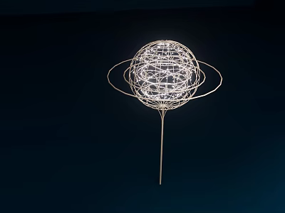 Illuminated Art Installation Featuring Spherical Wire Structure And Circular Rings On Thin Metal Stand 3d model