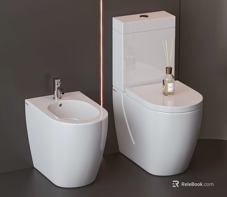 Modern White Toilet And Bidets With Essential Oil Diffuser In Bathroom 3d model 