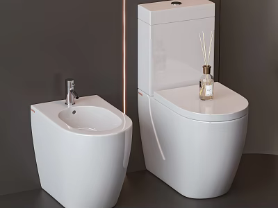 Modern White Toilet And Bidets With Essential Oil Diffuser In Bathroom 3d model