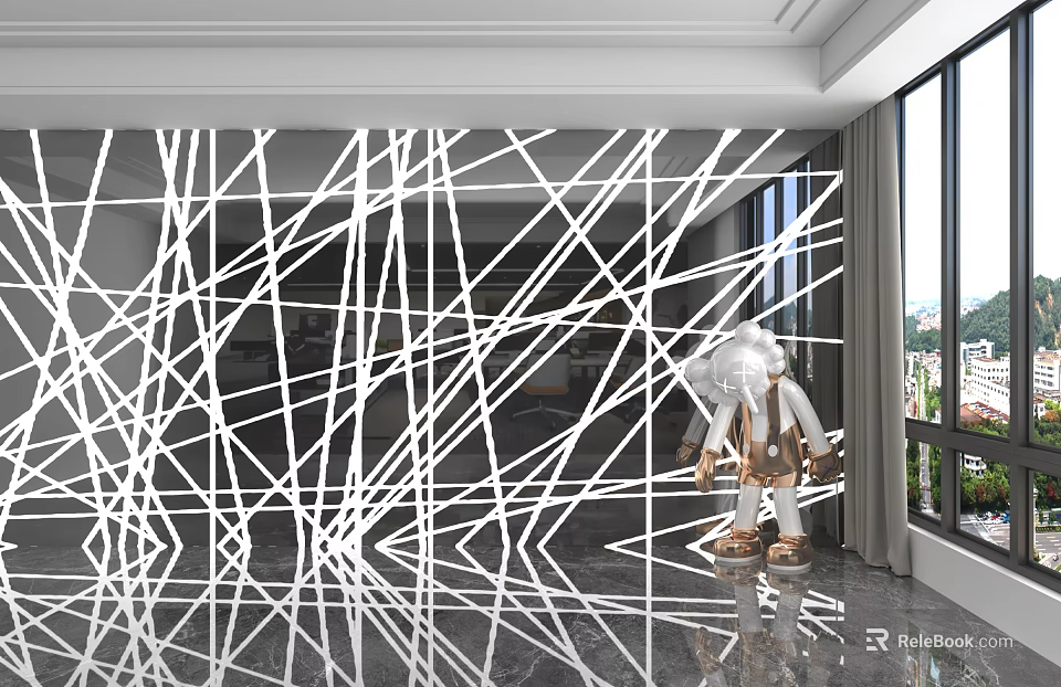 Modern Interior Background Wall with White Interlaced Lines Decorative Sculpture Gray Floor and Window View 3d model 